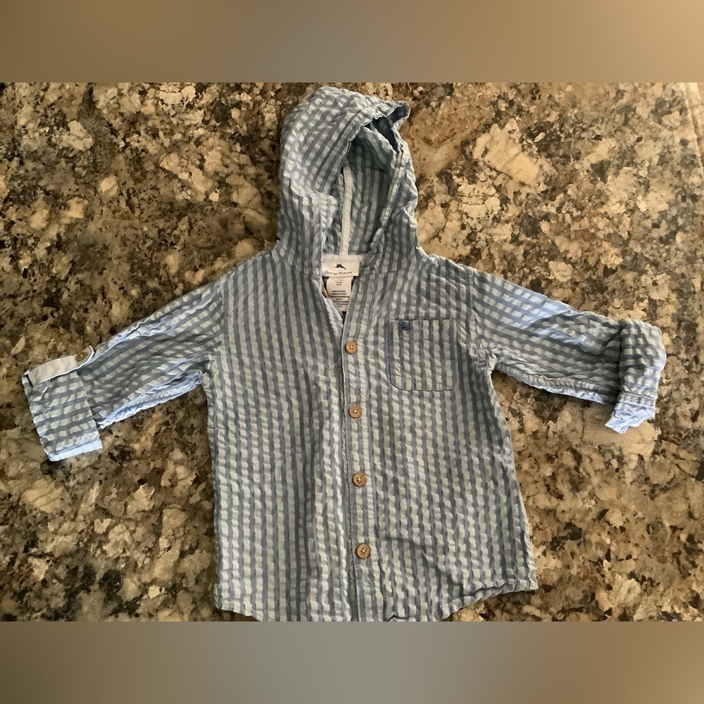 Tommy Bahama Kids Seersucker Hooded Shirt – Size 4T, Blue Striped